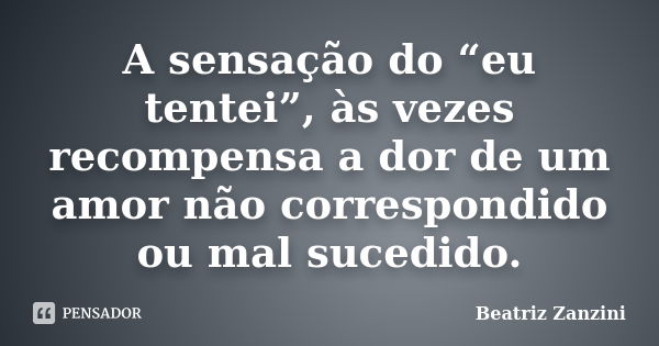 A sensação do “eu tentei”, às vezes recompensa a dor de um amor não correspondido ou mal sucedido.... Frase de Beatriz Zanzini.