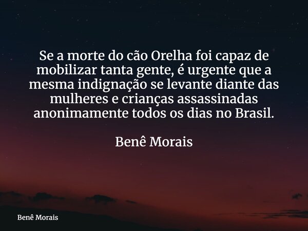 Se a morte do cão Orelha foi capaz de mobilizar tanta gente, é urgente que a mesma indignação se levante diante das mulheres e crianças assassinadas anonimament... Frase de Benê Morais.
