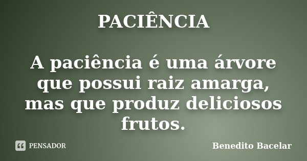 PACIÊNCIA A paciência é uma árvore que possui raiz amarga, mas que produz deliciosos frutos.... Frase de Benedito Bacelar.