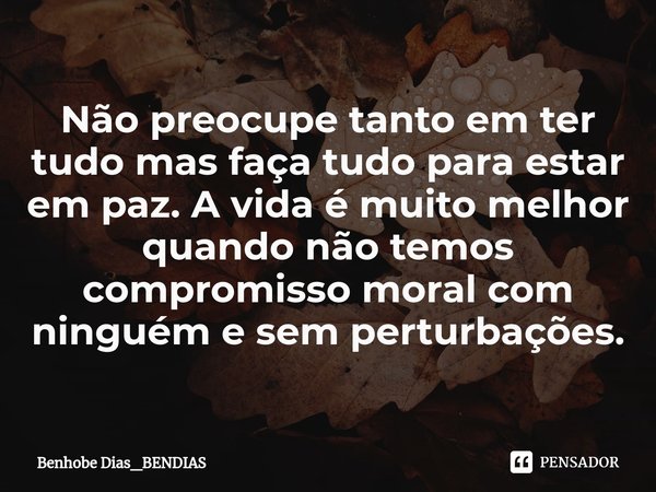 Não preocupe tanto em ter tudo mas faça tudo para estar em paz.⁠ A vida é muito melhor quando não temos compromisso moral com ninguém e sem perturbações.... Frase de Benhobe Dias_BENDIAS.