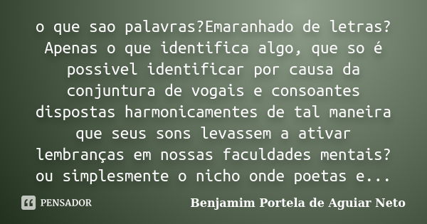 o que sao palavras?Emaranhado de letras?Apenas o que identifica algo, que so é possivel identificar por causa da conjuntura de vogais e consoantes dispostas har... Frase de Benjamim Portela de Aguiar Neto.