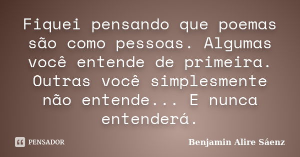 Fiquei pensando que poemas são como pessoas. Algumas você entende de primeira. Outras você simplesmente não entende... E nunca entenderá.... Frase de Benjamin Alire Sáenz.