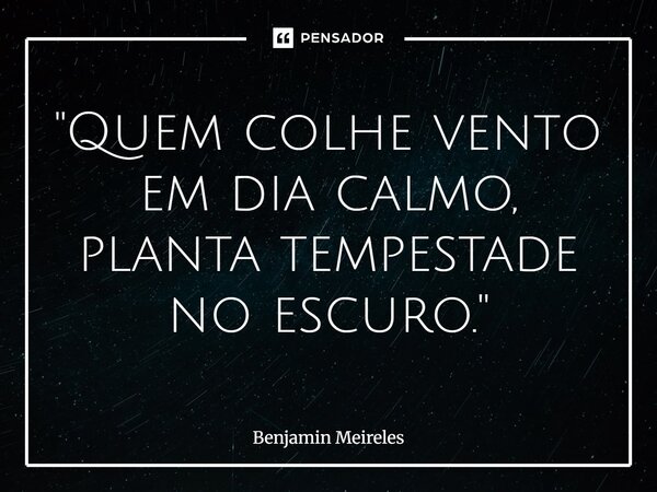 ⁠"Quem colhe vento em dia calmo, planta tempestade no escuro."... Frase de Benjamin Meireles.