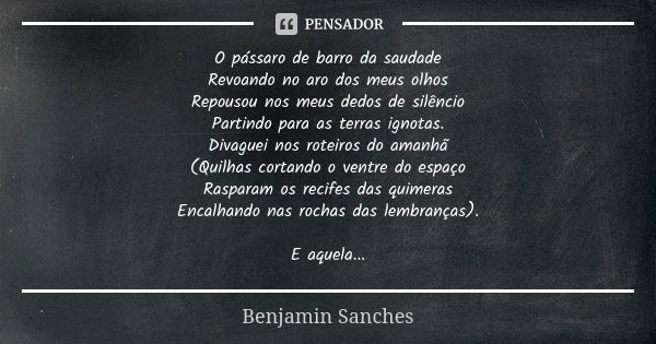 O pássaro de barro da saudade Revoando no aro dos meus olhos Repousou nos meus dedos de silêncio Partindo para as terras ignotas. Divaguei nos roteiros do amanh... Frase de Benjamin Sanches.