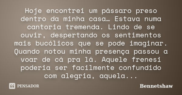 Hoje encontrei um pássaro preso dentro da minha casa… Estava numa cantoria tremenda. Lindo de se ouvir, despertando os sentimentos mais bucólicos que se pode im... Frase de Bennetshaw.