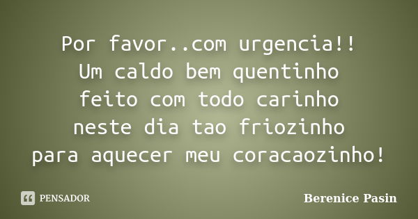 Por favor..com urgencia!! Um caldo bem quentinho feito com todo carinho neste dia tao friozinho para aquecer meu coracaozinho!... Frase de Berenice Pasin.