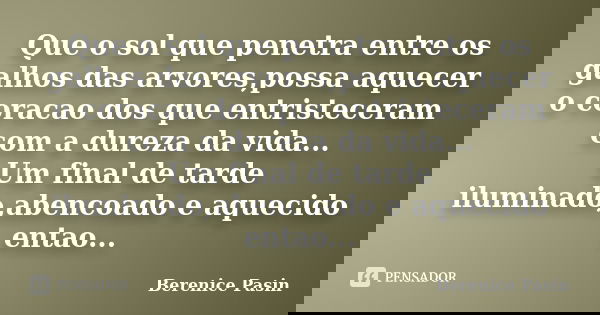 Que o sol que penetra entre os galhos das arvores,possa aquecer o coracao dos que entristeceram com a dureza da vida... Um final de tarde iluminado,abencoado e ... Frase de Berenice Pasin.
