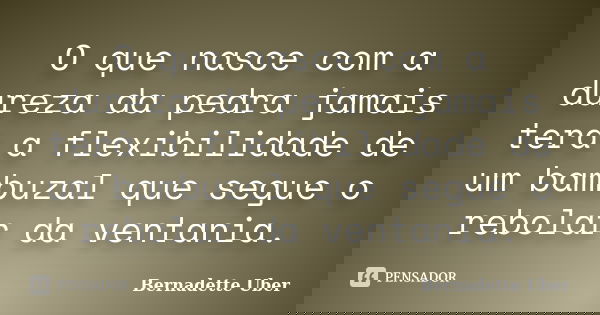 O que nasce com a dureza da pedra jamais terá a flexibilidade de um bambuzal que segue o rebolar da ventania.... Frase de Bernadette Uber.