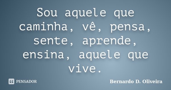 Sou aquele que caminha, vê, pensa, sente, aprende, ensina, aquele que vive.... Frase de Bernardo D. Oliveira.