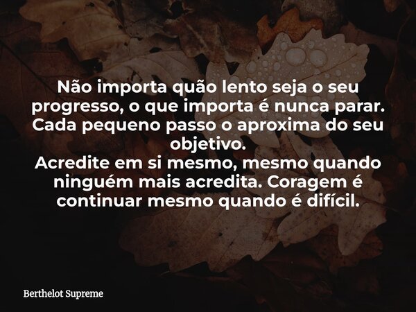 Não importa quão lento seja o seu progresso, o que importa é nunca parar. Cada pequeno passo o aproxima do seu objetivo. Acredite em si mesmo, mesmo quando ning... Frase de Berthelot Supreme.