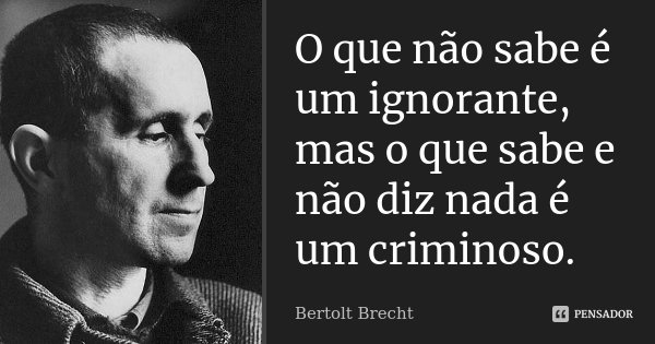 O que não sabe é um ignorante, mas o que sabe e não diz nada é um criminoso.... Frase de Bertolt Brecht.