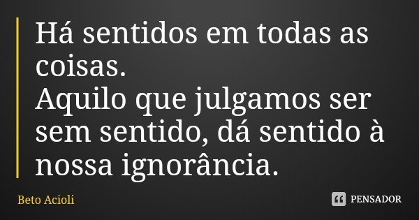 Há sentidos em todas as coisas.
Aquilo que julgamos ser sem sentido, dá sentido à nossa ignorância.... Frase de Beto Acioli.