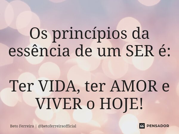 ⁠Os princípios da essência de um SER é: Ter VIDA, ter AMOR e VIVER o HOJE!... Frase de Beto Ferreira  betoferreiraofficial.