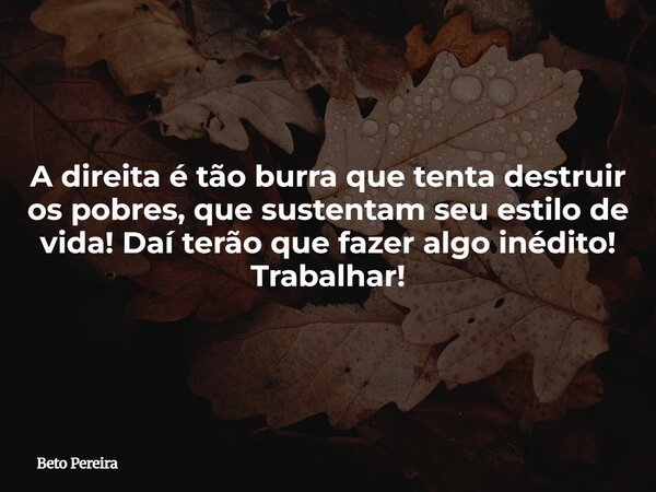 A direita é tão burra que tenta destruir os pobres, que sustentam seu estilo de vida! Daí terão que fazer algo inédito! Trabalhar!... Frase de Beto Pereira.