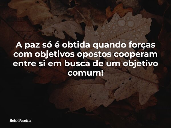 A paz só é obtida quando forças com objetivos opostos cooperam entre si em busca de um objetivo comum!... Frase de Beto Pereira.