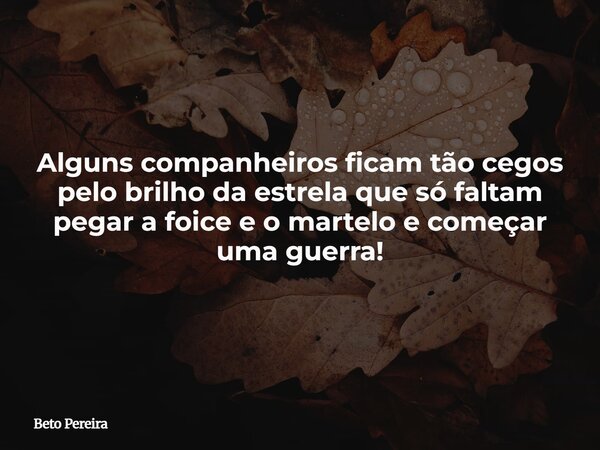 Alguns companheiros ficam tão cegos pelo brilho da estrela que só faltam pegar a foice e o martelo e começar uma guerra!... Frase de Beto Pereira.