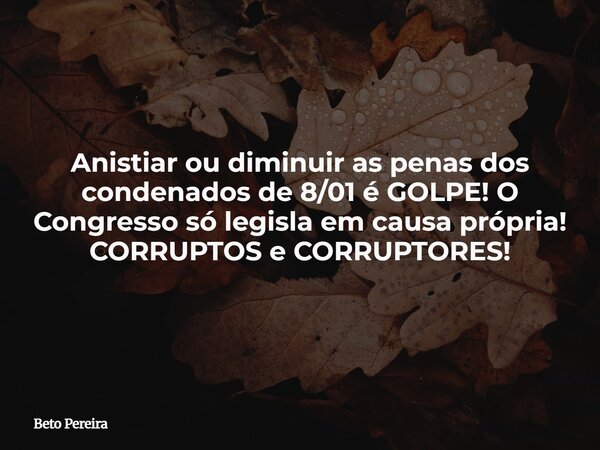 Anistiar ou diminuir as penas dos condenados de 8/01 é GOLPE! O Congresso só legisla em causa própria! CORRUPTOS e CORRUPTORES!... Frase de Beto Pereira.