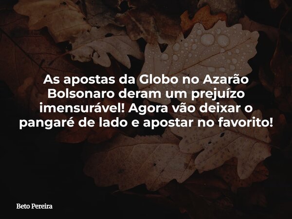 As apostas da Globo no Azarão Bolsonaro deram um prejuízo imensurável! Agora vão deixar o pangaré de lado e apostar no favorito!... Frase de Beto Pereira.