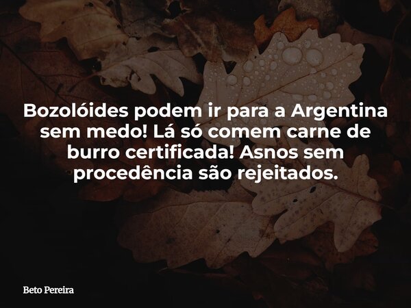 Bozolóides podem ir para a Argentina sem medo! Lá só comem carne de burro certificada! Asnos sem procedência são rejeitados.... Frase de Beto Pereira.