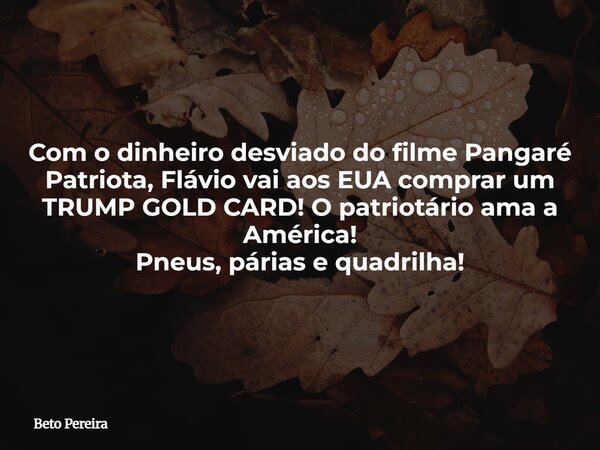 Com o dinheiro desviado do filme Pangaré Patriota, Flávio vai aos EUA comprar um TRUMP GOLD CARD! O patriotário ama a América! Pneus, párias e quadrilha!... Frase de Beto Pereira.