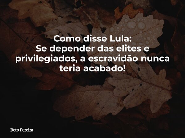 Como disse Lula: Se depender das elites e privilegiados, a escravidão nunca teria acabado! ⁠... Frase de Beto Pereira.