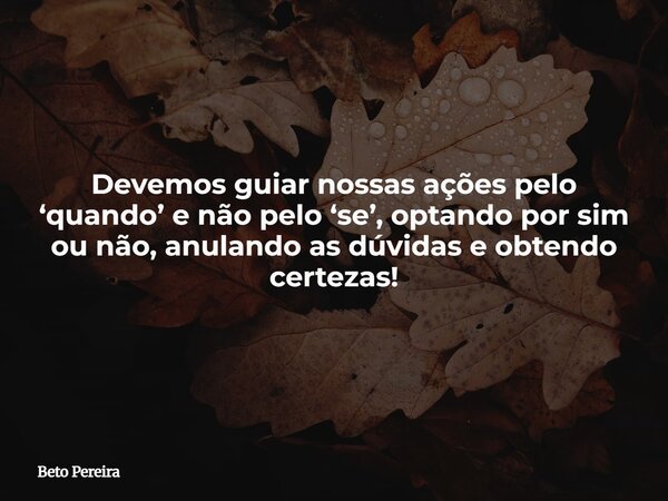 Devemos guiar nossas ações pelo ‘quando’ e não pelo ‘se’, optando por sim ou não, anulando as dúvidas e obtendo certezas!... Frase de Beto Pereira.