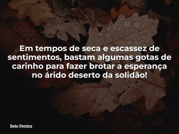 Em tempos de seca e escassez de sentimentos, bastam algumas gotas de carinho para fazer brotar a esperança no árido deserto da solidão!⁠... Frase de Beto Pereira.