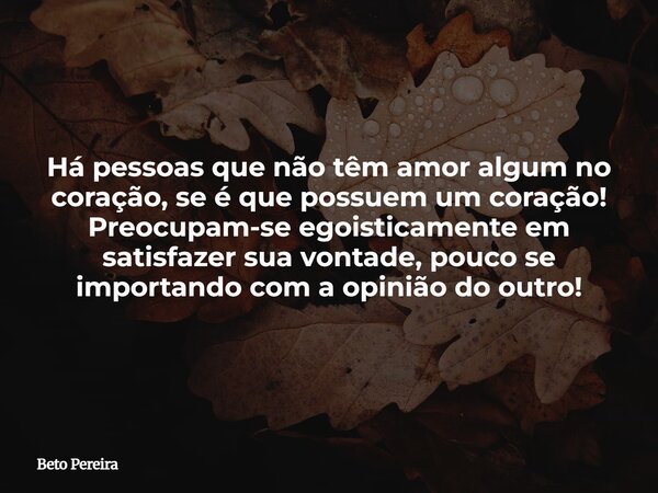 Há pessoas que não têm amor algum no coração, se é que possuem um coração! Preocupam-se egoisticamente em satisfazer sua vontade, pouco se importando com a opin... Frase de Beto Pereira.