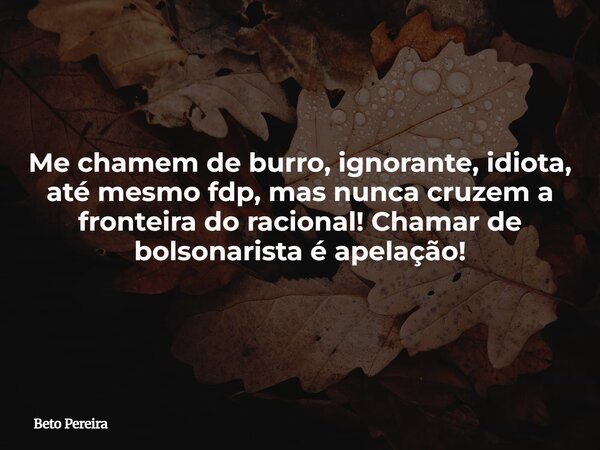 Me chamem de burro, ignorante, idiota, até mesmo fdp, mas nunca cruzem a fronteira do racional! Chamar de bolsonarista é apelação!... Frase de Beto Pereira.