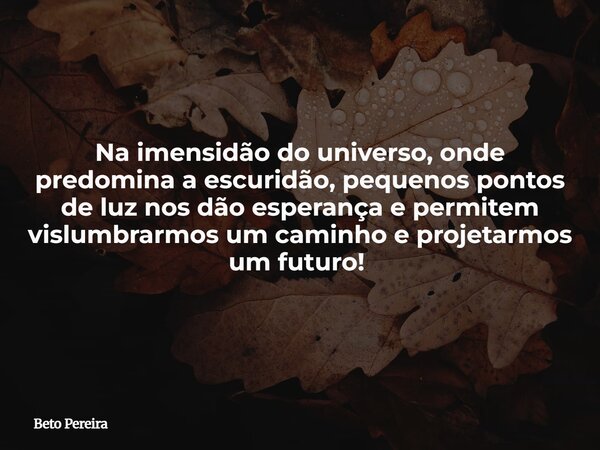 Na imensidão do universo, onde predomina a escuridão, pequenos pontos de luz nos dão esperança e permitem vislumbrarmos um caminho e projetarmos um futuro! ⁠... Frase de Beto Pereira.
