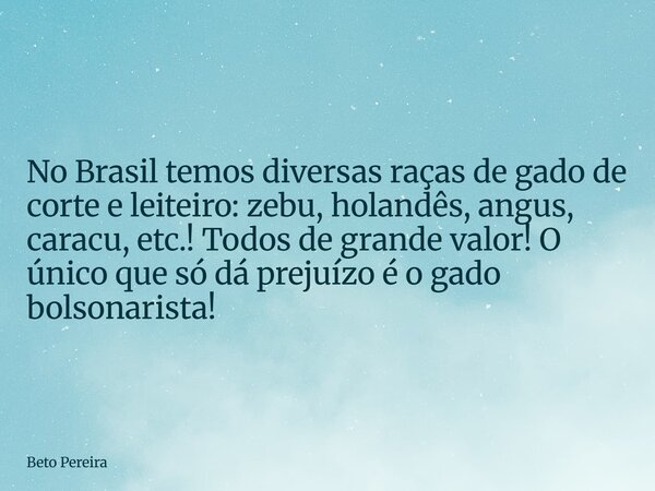 ⁠No Brasil temos diversas raças de gado de corte e leiteiro: zebu, holandês, angus, caracu, etc.! Todos de grande valor! O único que só dá prejuízo é o gado bol... Frase de Beto Pereira.