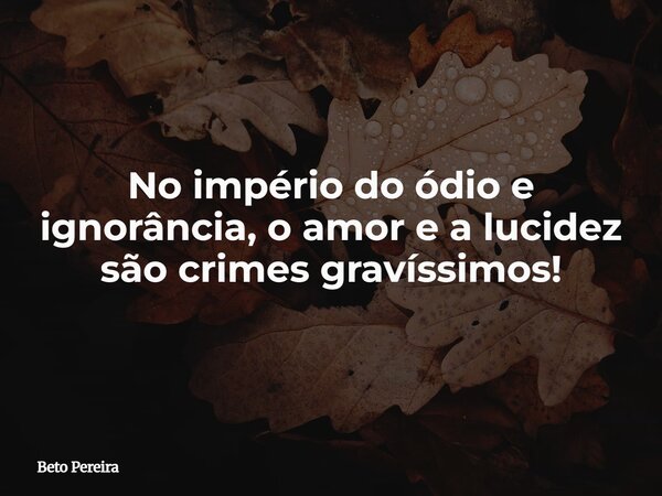 No império do ódio e ignorância, o amor e a lucidez são crimes gravíssimos!⁠... Frase de Beto Pereira.