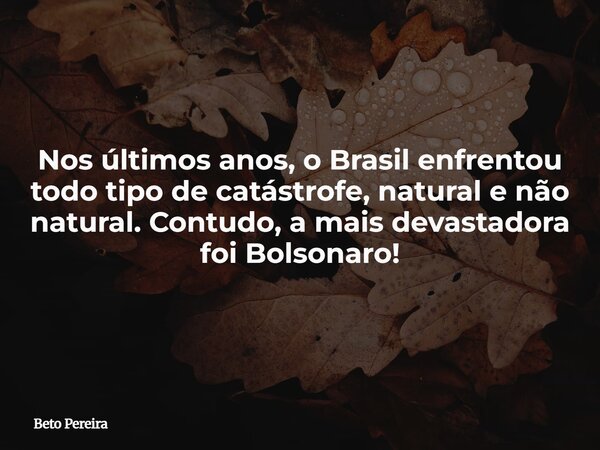 Nos últimos anos, o Brasil enfrentou todo tipo de catástrofe, natural e não natural. Contudo, a mais devastadora foi Bolsonaro!... Frase de Beto Pereira.