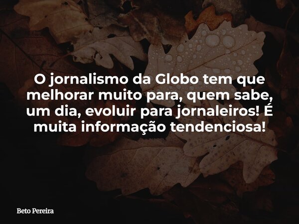 O jornalismo da Globo tem que melhorar muito para, quem sabe, um dia, evoluir para jornaleiros! É muita informação tendenciosa!⁠... Frase de Beto Pereira.