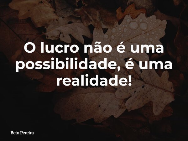 O lucro não é uma possibilidade, é uma realidade!... Frase de Beto Pereira.