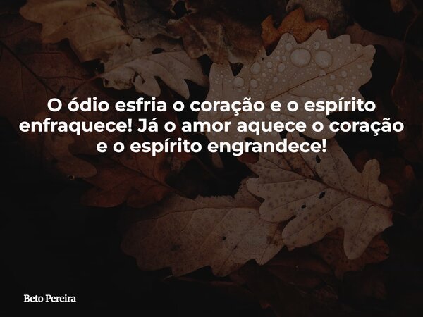 O ódio esfria o coração e o espírito enfraquece! Já o amor aquece o coração e o espírito engrandece! ⁠... Frase de Beto Pereira.
