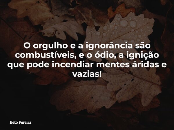 O orgulho e a ignorância são combustíveis, e o ódio, a ignição que pode incendiar mentes áridas e vazias!... Frase de Beto Pereira.
