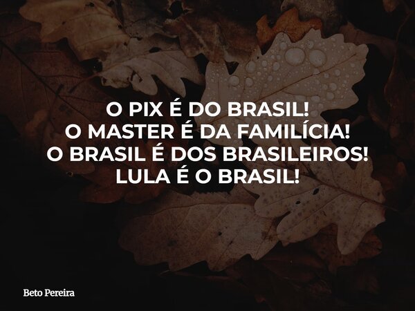 O PIX É DO BRASIL! O MASTER É DA FAMILÍCIA! O BRASIL É DOS BRASILEIROS! LULA É O BRASIL!... Frase de Beto Pereira.