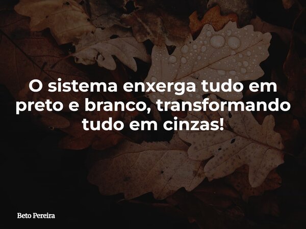 O sistema enxerga tudo em preto e branco, transformando tudo em cinzas!... Frase de Beto Pereira.