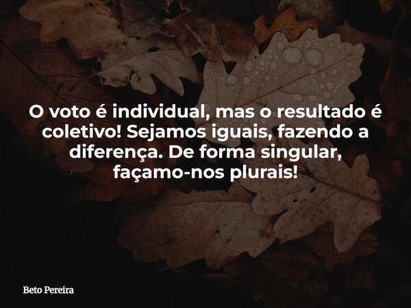 O voto é individual, mas o resultado é coletivo! Sejamos iguais, fazendo a diferença. De forma singular, façamo-nos plurais!... Frase de Beto Pereira.