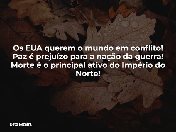 Os EUA querem o mundo em conflito! Paz é prejuízo para a nação da guerra! Morte é o principal ativo do Império do Norte!... Frase de Beto Pereira.