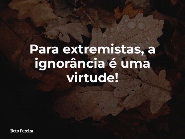 Para extremistas, a ignorância é uma virtude!... Frase de Beto Pereira.