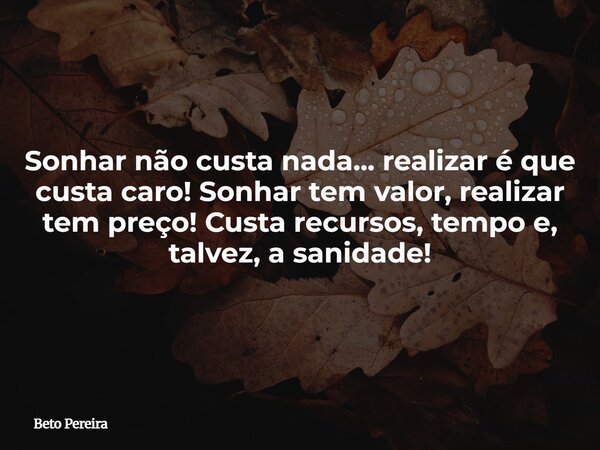 Sonhar não custa nada... realizar é que custa caro! Sonhar tem valor, realizar tem preço! Custa recursos, tempo e, talvez, a sanidade!... Frase de Beto Pereira.