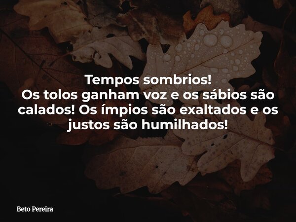 Tempos sombrios! Os tolos ganham voz e os sábios são calados! Os ímpios são exaltados e os justos são humilhados!... Frase de Beto Pereira.
