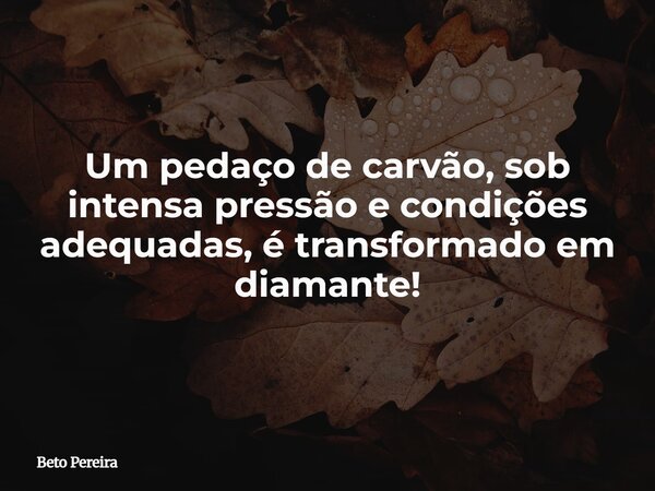 Um pedaço de carvão, sob intensa pressão e condições adequadas, é transformado em diamante!⁠... Frase de Beto Pereira.