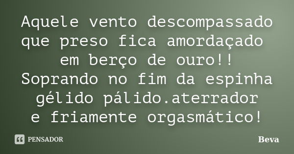 Aquele vento descompassado que preso fica amordaçado em berço de ouro!! Soprando no fim da espinha gélido pálido.aterrador e friamente orgasmático!... Frase de Beva.