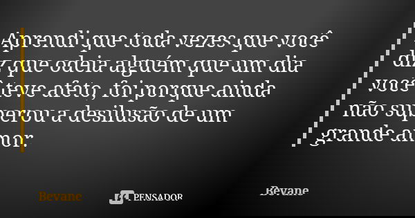 Aprendi que toda vezes que você diz que odeia alguém que um dia você teve afeto, foi porque ainda não superou a desilusão de um grande amor.... Frase de Bevane.