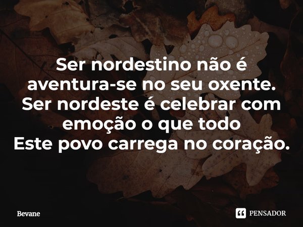 ⁠Ser nordestino não é aventura-se no seu oxente.
Ser nordeste é celebrar com emoção o que todo
Este povo carrega no coração.... Frase de Bevane.