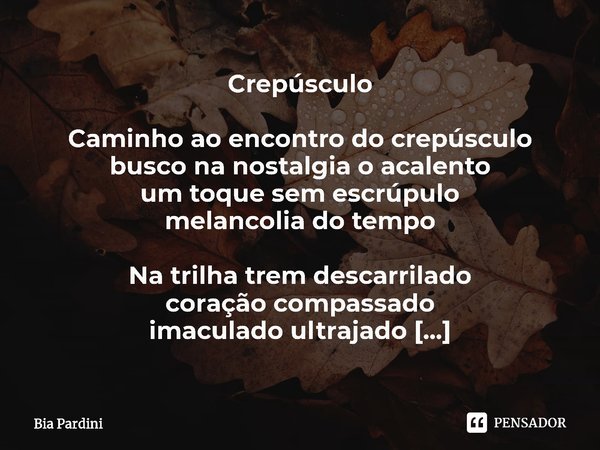 ⁠Crepúsculo Caminho ao encontro do crepúsculo
busco na nostalgia o acalento
um toque sem escrúpulo
melancolia do tempo Na trilha trem descarrilado
coração compa... Frase de Bia Pardini.