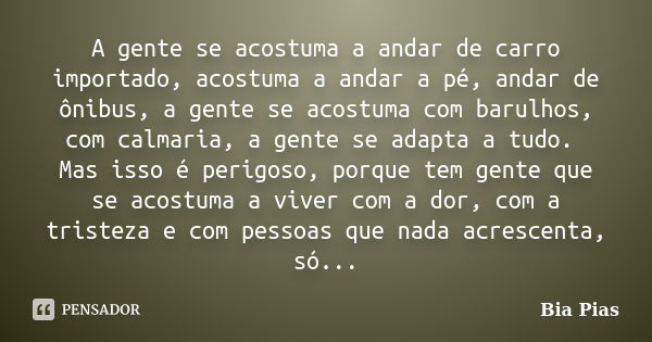 A gente se acostuma a andar de carro importado, acostuma a andar a pé, andar de ônibus, a gente se acostuma com barulhos, com calmaria, a gente se adapta a tudo... Frase de Bia Pias.